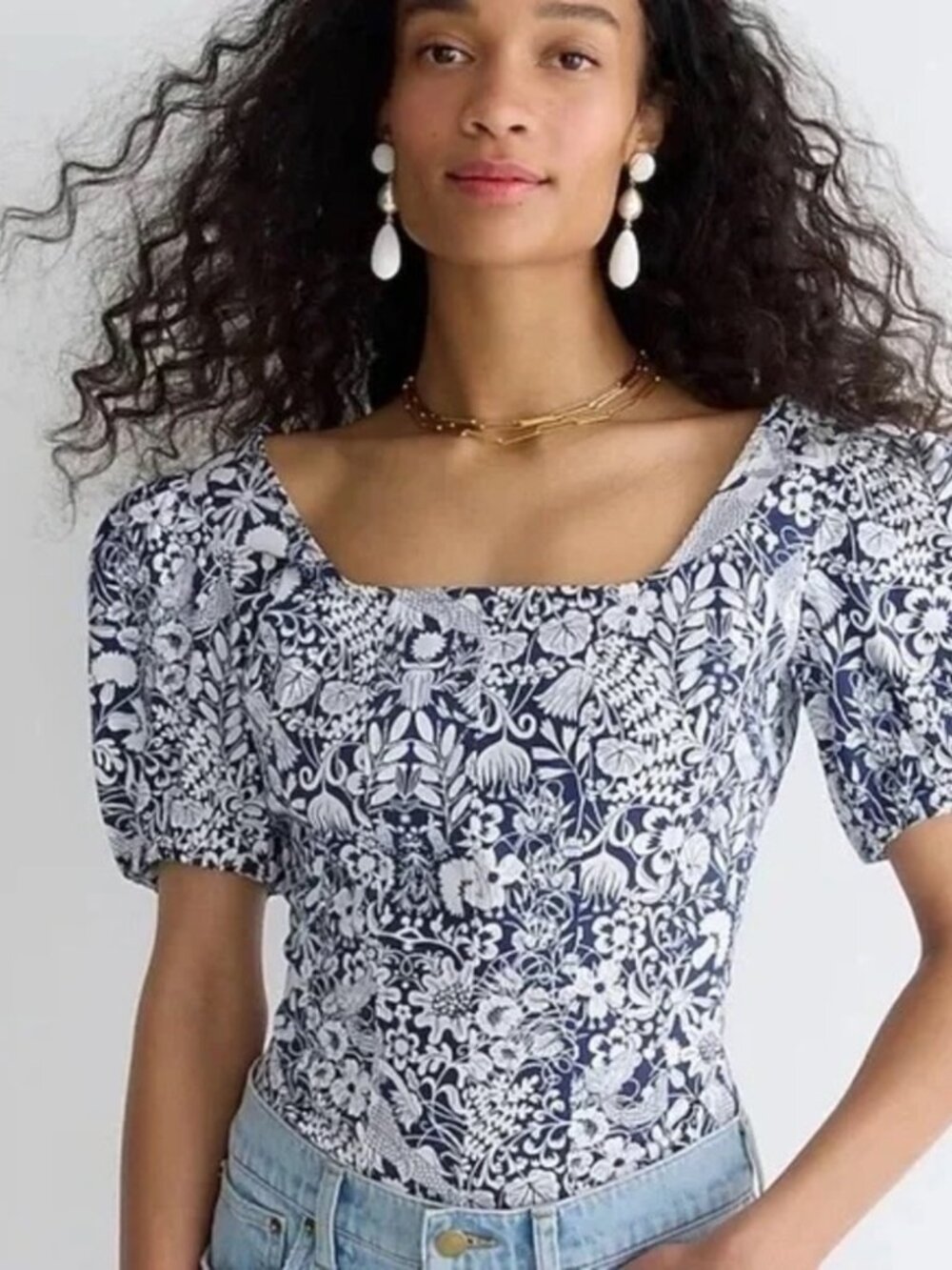 J. Crew Puff-Sleeve Cotton Poplin Squareneck Top in Mermaid Floral | 6